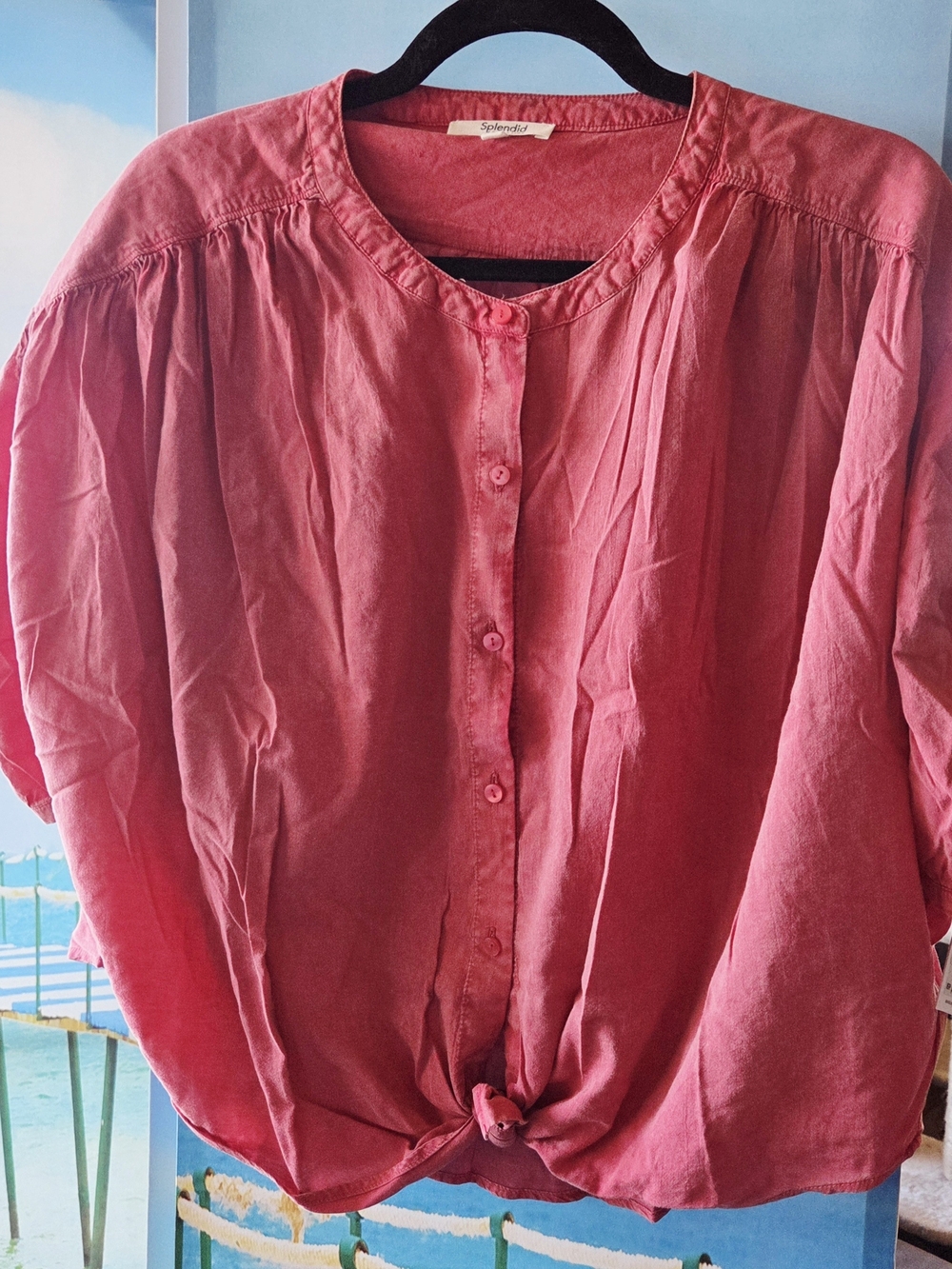 Splendid Coral Colored Button-Front Tie Hem Top